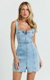 Chrysoula Mini Dress Square Neck Zip Front Sleeveless Bodycon Denim in Light Blue Wash