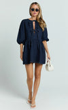 Shailene Mini Dress Tie Front Puff Sleeve Recycled Denim Dress in Raw Indigo