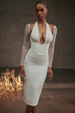 white plunge midi dress
