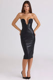 black vegan leather strapless midi dress