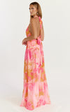 Nova Maxi Dress Plunge Neckline Backless Georgette Dress in Hot House Orchid Print