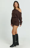Alyce Mini Dress Long Sleeve One Shoulder Dress in Chocolate