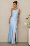 The Aurora One Shoulder Satin Maxi Dress Blue