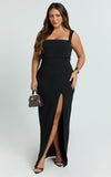 Donna Maxi Dress Cowl Neck Column High Split Dress in Black