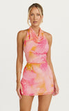Elouise Mini Dress Halter Cowl Neck Dress in Hot House Orchid Print