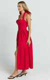 Helda Midi Dress Halter Tie Neck Corset Panel Dress in Red