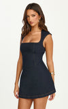 Heather Mini Dress Square Neck A Line Denim Mini Dress in Raw