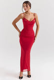 holly red stretch mesh corset maxi dress