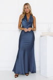 Glitz Gathering Halter Satin Maxi Dress Navy