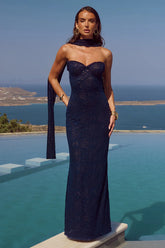 AMANA STRAPLESS SCARF MAXI DRESS NAVY