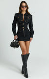 Fabia Mini Dress Denim Hardware Button Front Fitted Shirt Dress in Dark Wash