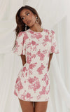 Lila Mini Dress High Neck Puff Sleeve Lace Back Fitted Dress in Toile De Joie Print