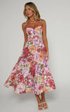 Robertson Midi Dress Strappy Sweetheart Bustier Flare Dress in Spring Floral