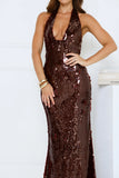 Cherry Sparkle Sequin Halter Maxi Dress Burgundy