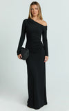 Milly Maxi Dress Asymmetrical Off Shoulder Long Sleeve Side Ruching Maxi Dress in Black