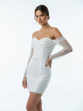 Chic Short Sequined Backless Wedding Dress With Long Detachable Sleeves