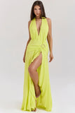 acid lime backless halter maxi dress