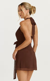 Eva Mini Dress Plunge Halter Wrap Dress in Chocolate