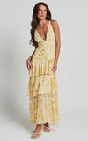Beryl Midi Dress Deep V Neck Sleeveless Layered Dress in Yellow Floral