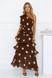 Shes Trendy One Shoulder Polka Dot Maxi Dress Brown