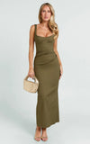 Benita Midi Dress Scoop Neck Ruched Fitted Dress in Olive