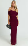 Caterina Maxi Ruched Off Shoulder Mesh Dress in Wine