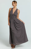 Abby Midi Dress Neckline Dress in Chocolate Polkadot
