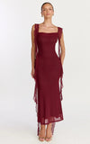 Rosha Midi Dress Ruffle Strap Dress in Wine