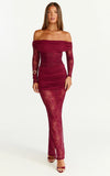 Juliet Maxi Dress Off Shoulder Long Sleeve Ruched Overlay Lace Dress in Wine