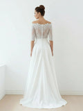 Off The Shoulder Lace A Line Satin Two Piece Wedding Dress With Sweep Train