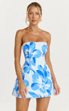 Elouise Mini Dress Strapless Princess Panel A Line Dress in Blue Floral