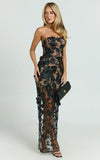 Sienna Maxi Dress 3D Floral Strapless Column Dress in Black
