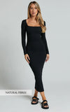 Lucy Midi Dress Ribbed Side Ruched Bodycon Dress in Black