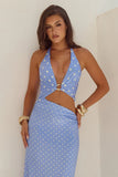 LUMIA HALTER CUTOUT MAXI DRESS PERIWINKLE LEMON POLKA
