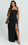 Donna Maxi Dress Cowl Neck Column High Split Dress in Black