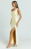 Isla Maxi Dress Satin One Shoulder Side Split Dress in Lemon
