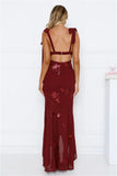 Flirty Sequin Embroidered High Low Maxi Dress Maroon