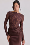 espresso brown lace satin draped maxi dress