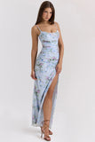 blue floral print mesh maxi dress