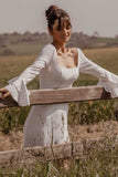 White Square Neck Long Sleeve Long Wedding Dress with Slit