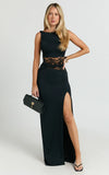 Alberta Maxi Dress Spliced Sheer Lace Column Dress in Black