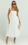 Khari Midi Dress Linen Look Square A Line Dress in White
