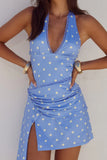 CELYSE HALTER MINI DRESS PERIWINKLE LEMON POLKA