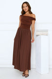 Camellia Charm Off Shoulder Maxi Dress Brown