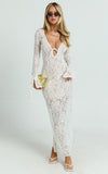 Paula Maxi Dress Lace V Neck Long Sleeve Column Dress in White