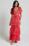 Leianna Midi Dress Tulle Flutter Sleeve Tiered Ruffle Dress in Sunset Floral