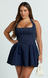 Hayes Mini Dress Halter Neck Corset Bodice Dress in Dark Blue