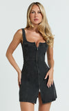 Chrysoula Mini Dress Square Neck Zip Front Sleeveless Bodycon Denim in Washed Black