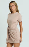 Candace Mini Dress Faux Wrap Shift Dress in Beige