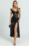 Tatum Midi Dress Lace Off Shoulder Side Split Dress in Black